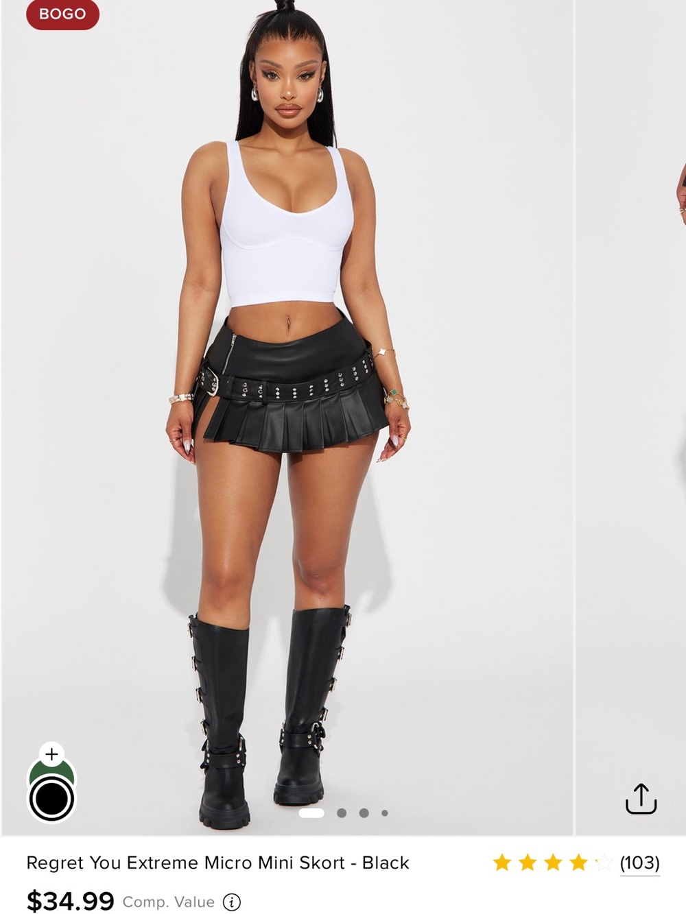 Black Faux Leather Pleated Mini Skort with Studded Belt - Picture 3 of 4